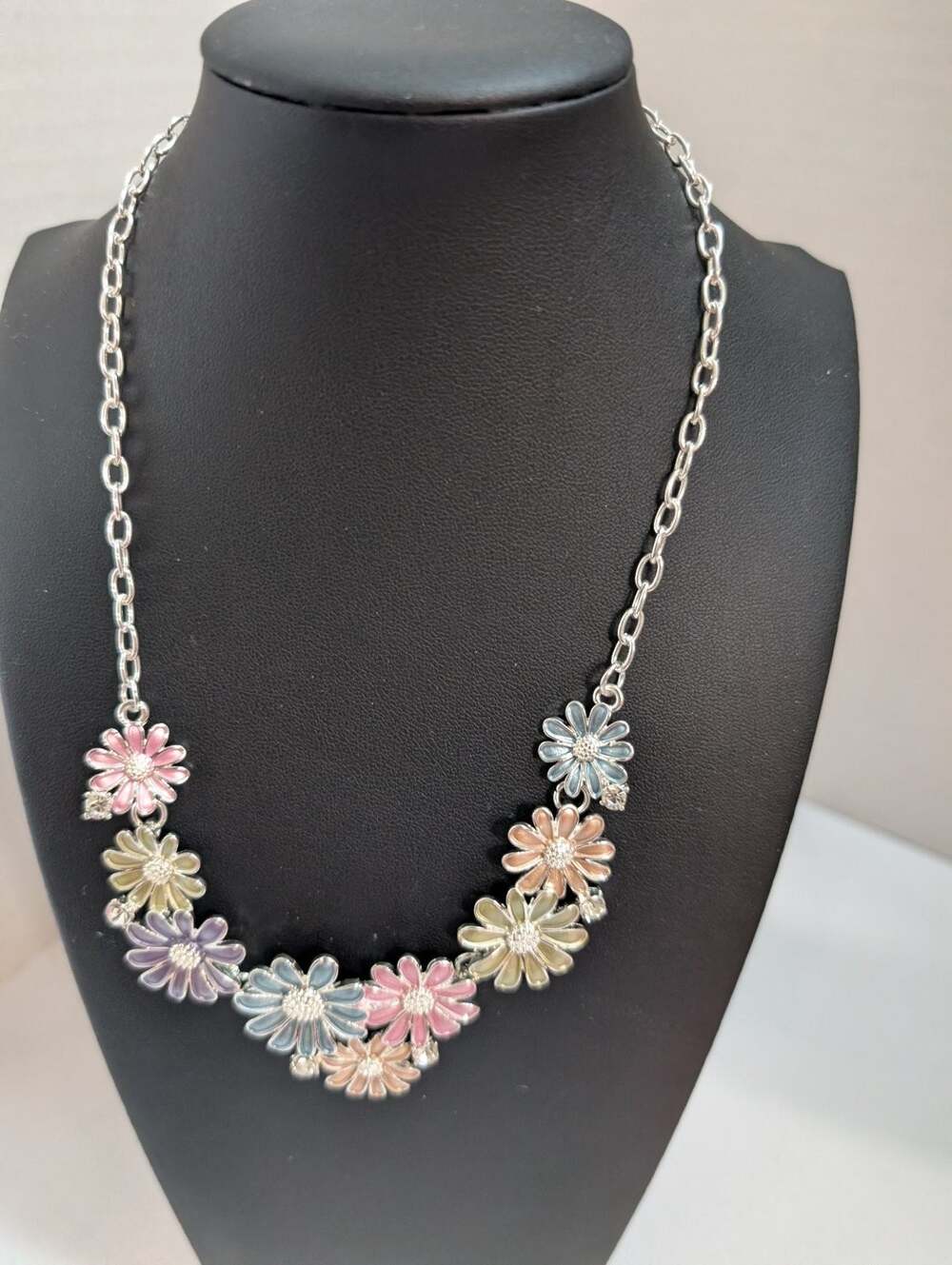Betsey Johnson Pastel Enamel Flower Statement Necklace Silver Tone Rhinestone